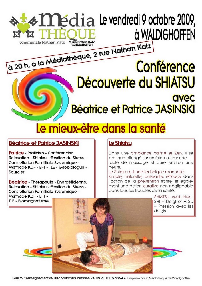 Affiche pour la conférence sur le SHIATSU de Béatrice et Patrice JASINSKI