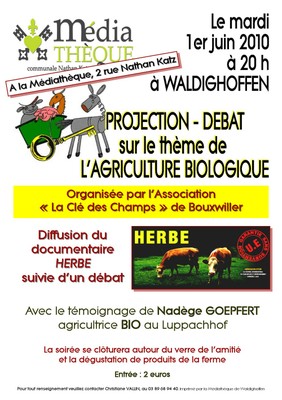 Affiche Projection-Débat Agriculture Biologique le 1er juin 2010 à la médiathèque de Waldighoffen