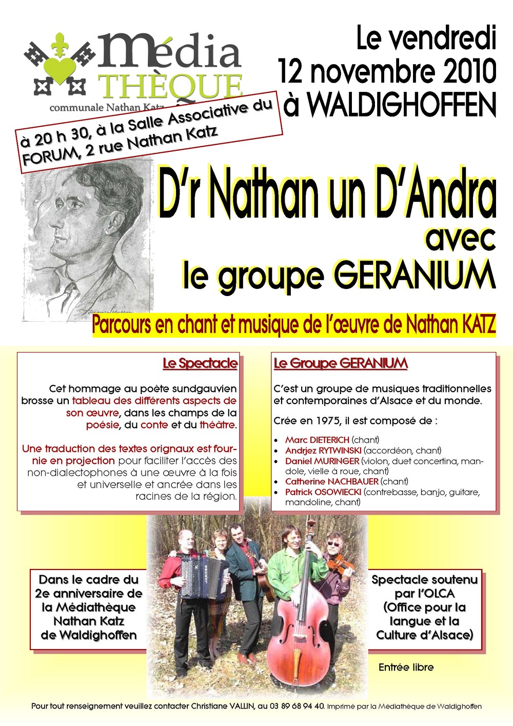 Affiche soirée Géranium à la Médiathèque le 12 novembre 2010