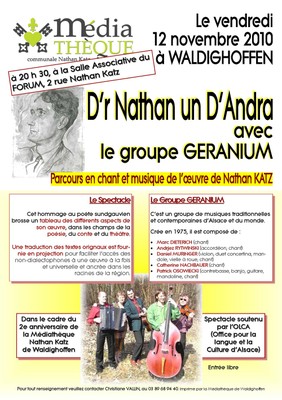 Affiche soirée Géranium à la Médiathèque le 12 novembre 2010