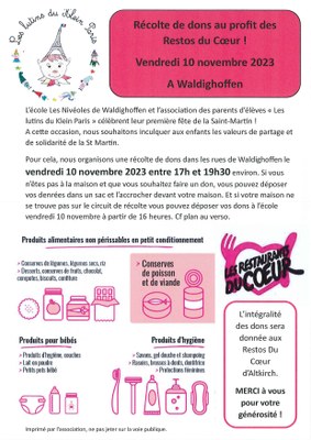 Affiche récolte de dons au profit des Restos du Coeur