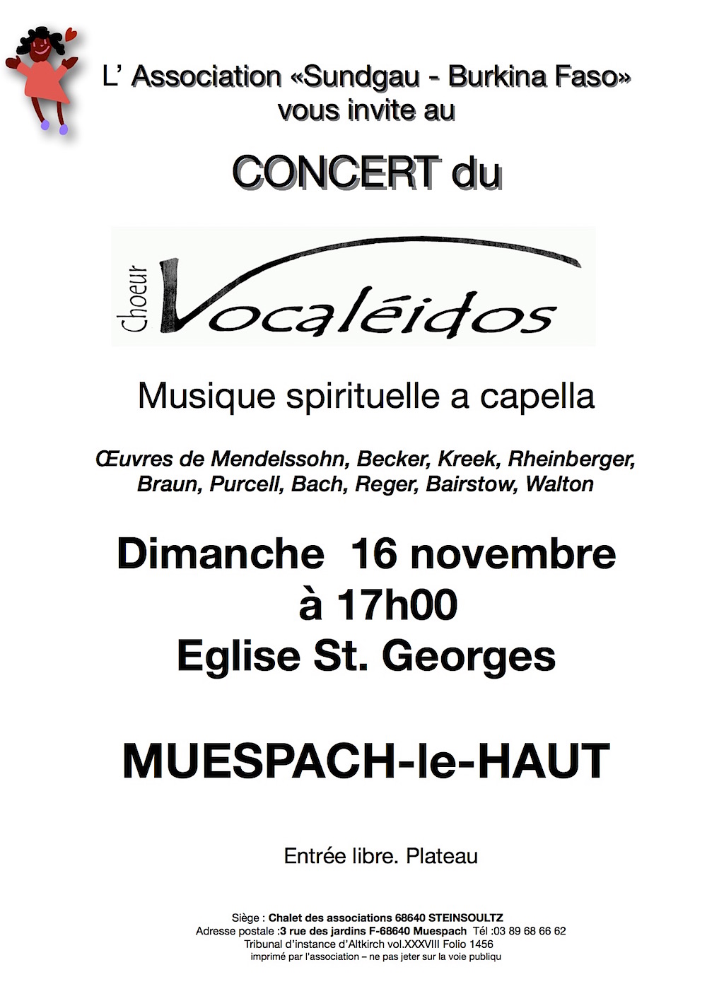 Affiche concert Vocaleidos pour le Burkina Faso
