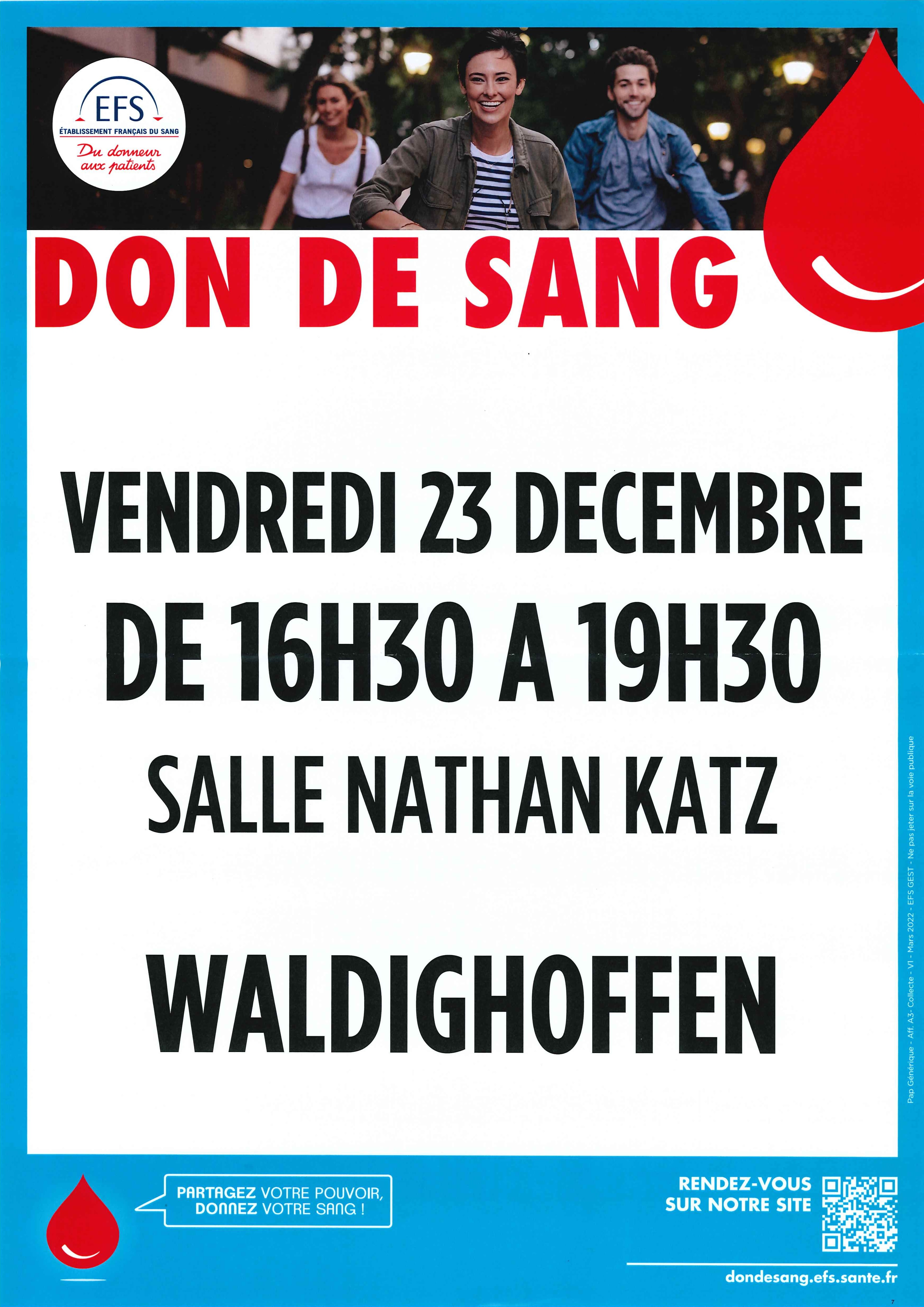 Affiche don du sang vendredi 23 décembre 2022