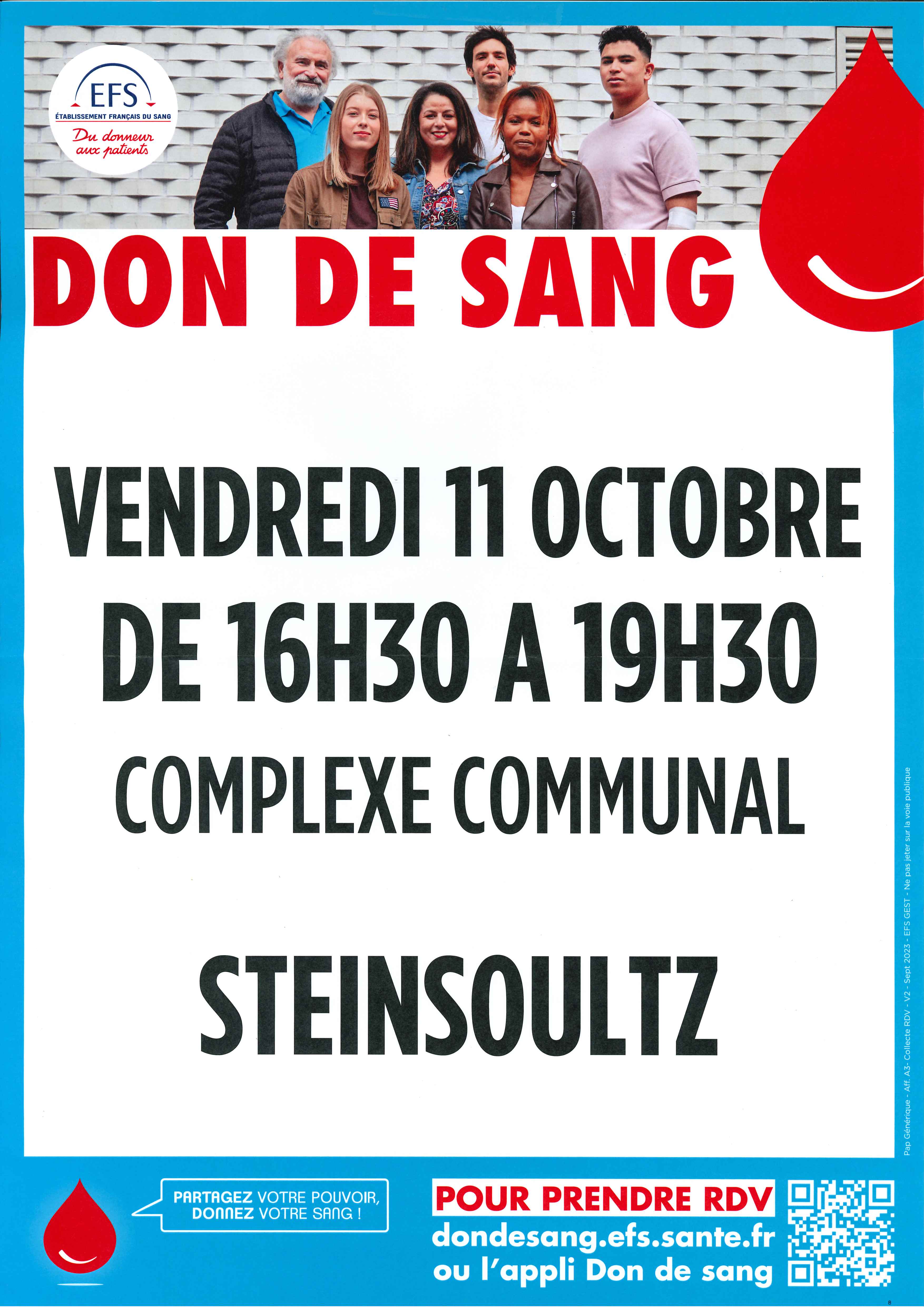 Affiche collecte de sang le 11 octobre 2024