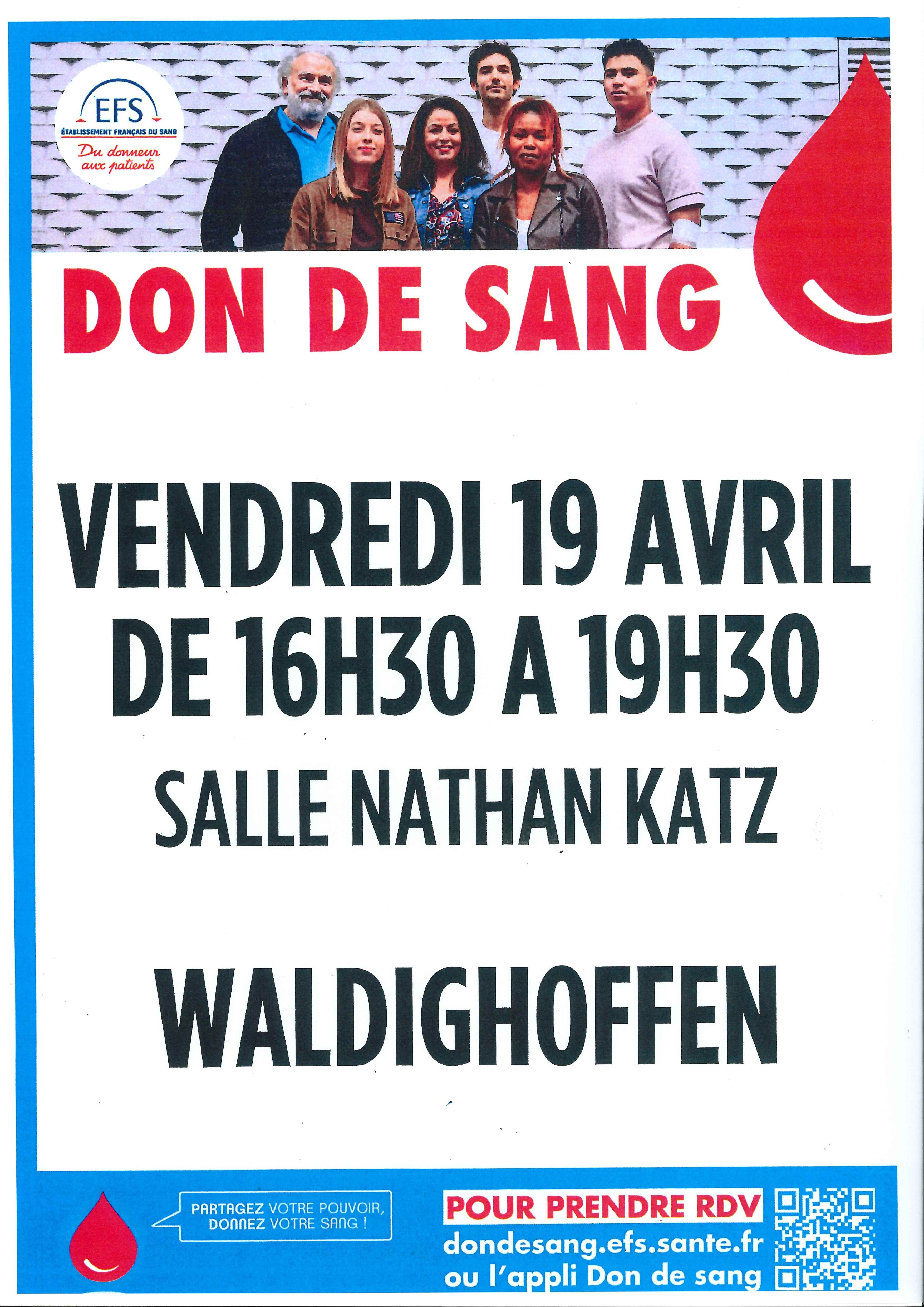 Affiche don de sang le vendredi 19 avril 2024