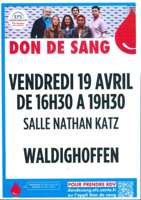 Affiche don de sang le vendredi 19 avril 2024