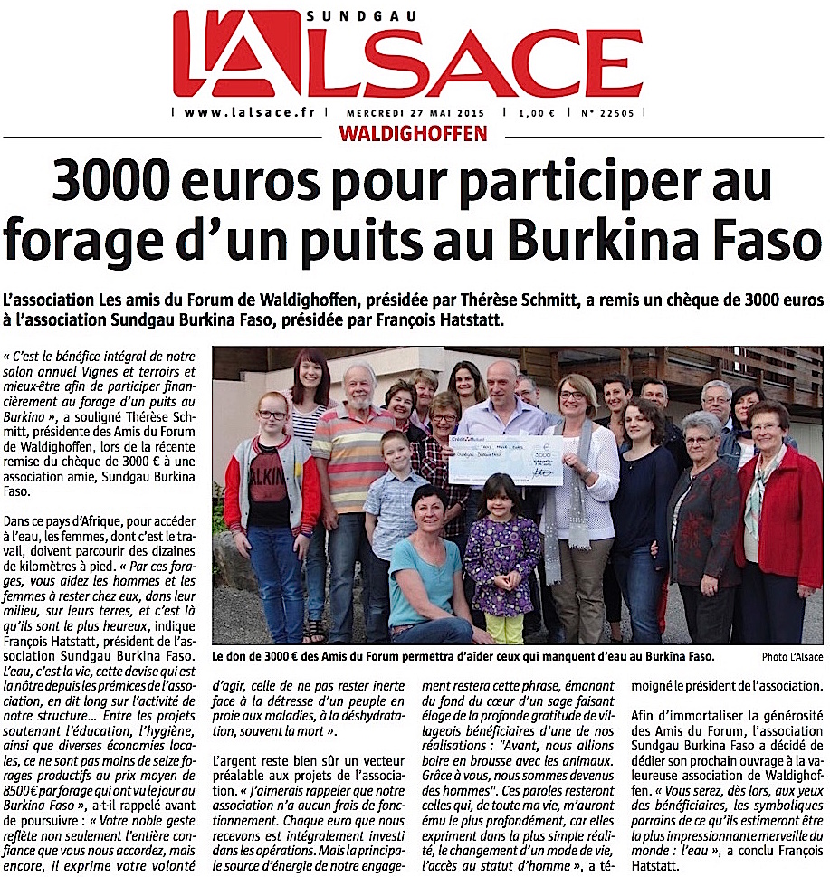 Article de L'Alsace du 27 mai 2015 - 3000 eur pour un puits