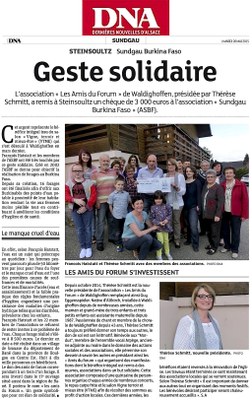 Article des DNA du 26 mai 2015 - Geste solidaire et nouvelle présidence des Amis du Forum