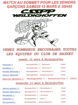 Affiche des rencontres de basket à Waldighoffen le samedi 12 mars.