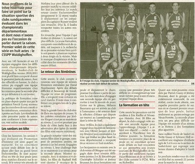 Un article du journal l'Alsace sur le basket-club CSSPP Waldighoffen 