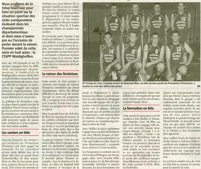 Le basket-club CSSPP Waldighoffen dans le joiurnal l&rsquo;Alsace du jeudi 29 décembre.