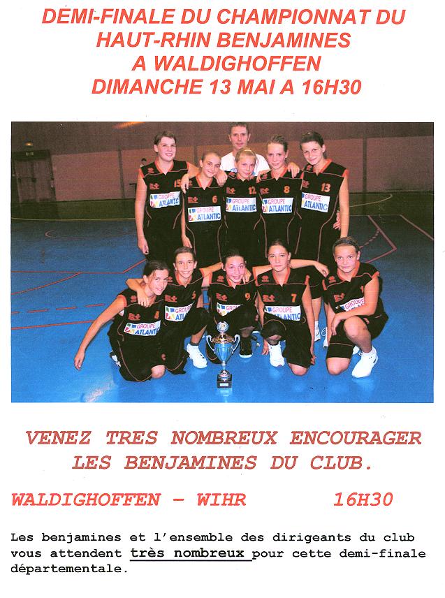 Affiche 1/2 finale benjamines du dimanche 13 mai.