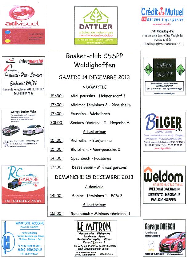 Affiche des rencontres de basket des 14 et 15 décembre 2013.