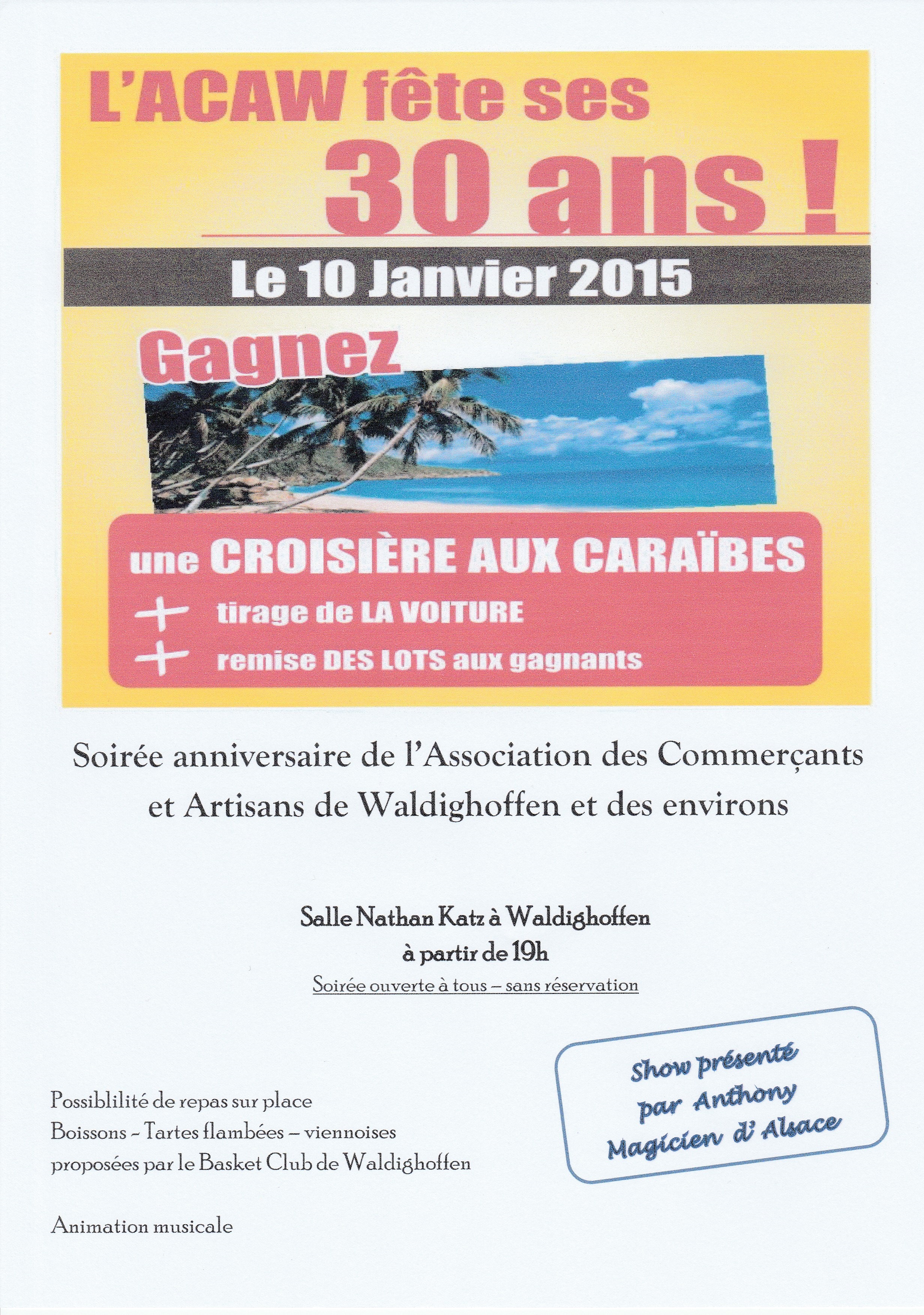 Affiche 30ème anniversaire de l'ACAW du samedi 10 janvier 2015.