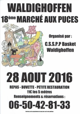 Affiche du 18ème marché aux puces de Waldighoffen le dimanche 28 Aout 2016.