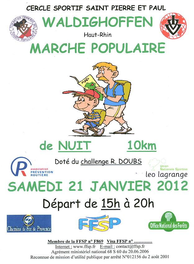 Affiche de la marche de nuit du basket-club CSSPP Waldighoffen du 21 janvier 2012.