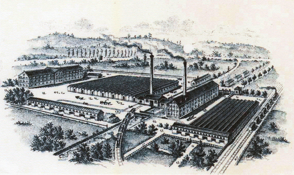 Lithographie de l'usine Lang de Waldighoffen vers 1900