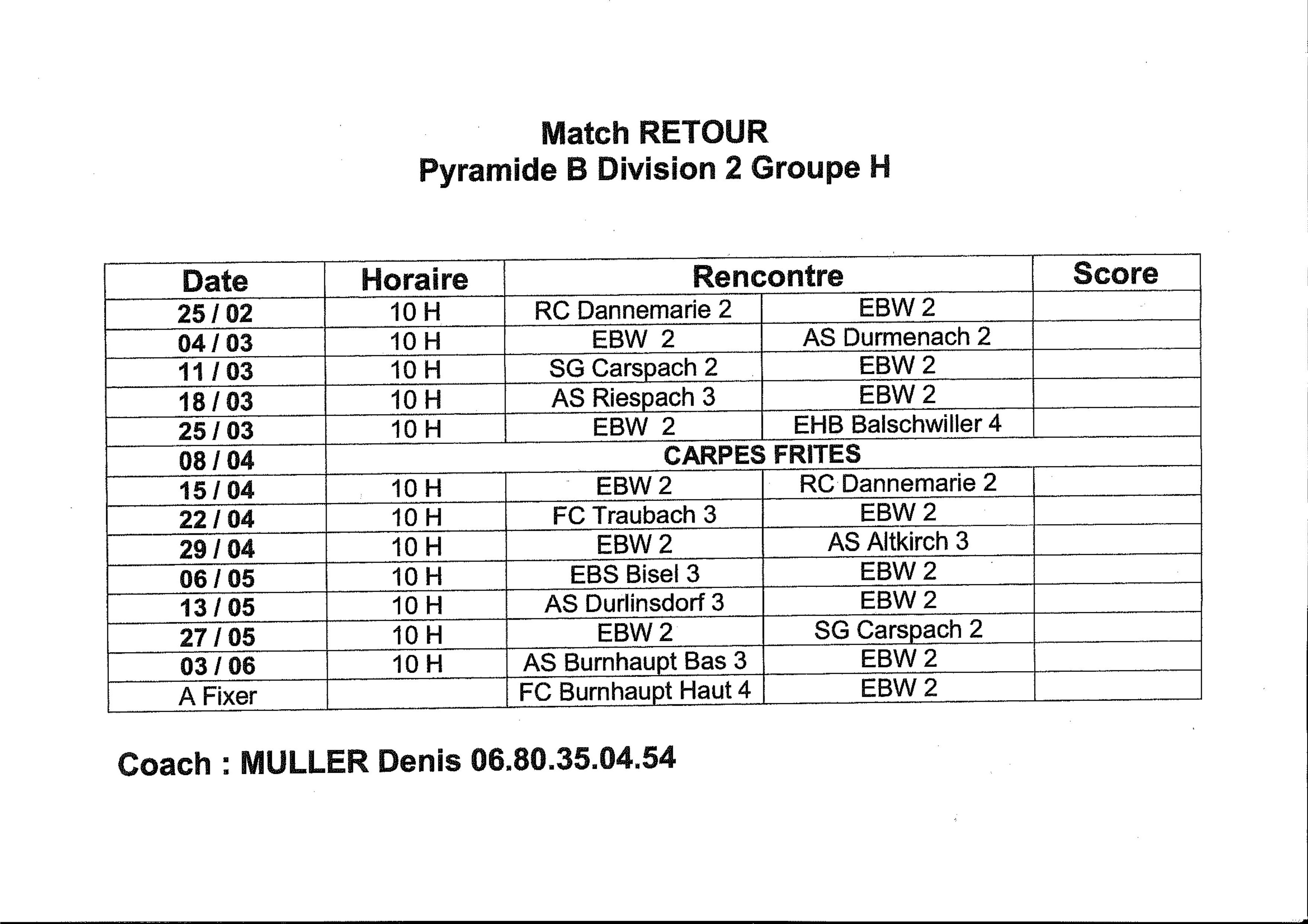 Planning des matchs RETOUR à Waldighoffen