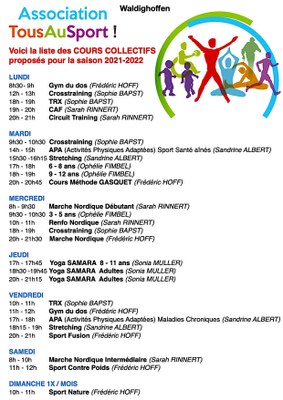 Liste des cours collectifs 2021-22 Ass Tous au Sport Liste des cours collectifs 2021-22 Ass Tous au Sport