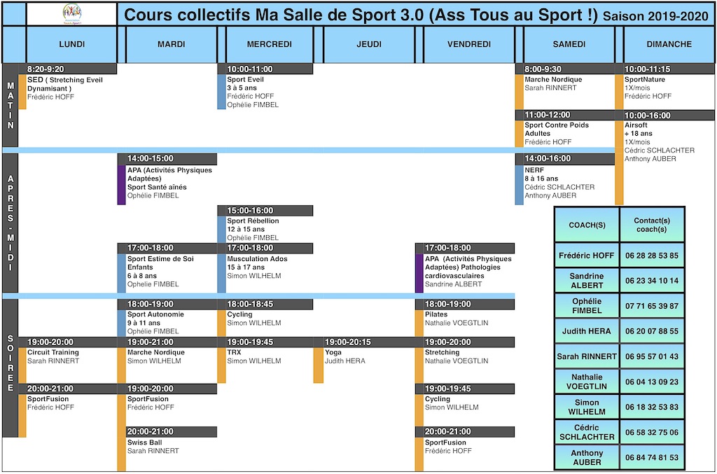 Planning cours collectifs dans Ma Salle de Sport 3.0 2019-2020