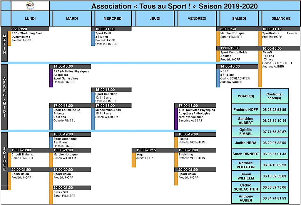 Planning cours collectifs Association Tous au Sport 2019-2020