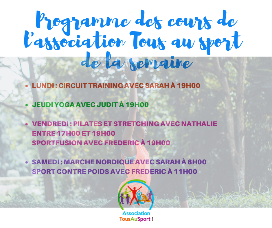 Programme des cours Tous au Sport de la semaine