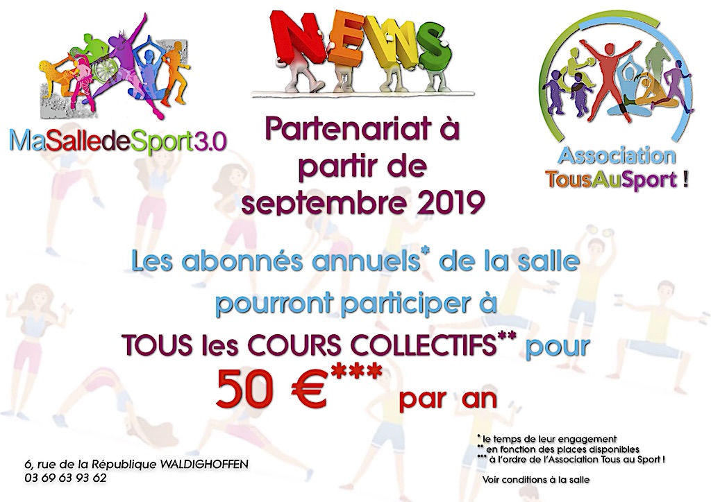 Septembre 2019 Partenariat Ma Salle de Sport 3.0-Association Tous au Sport