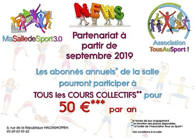 Septembre 2019 Partenariat Ma Salle de Sport 3.0-Association Tous au Sport