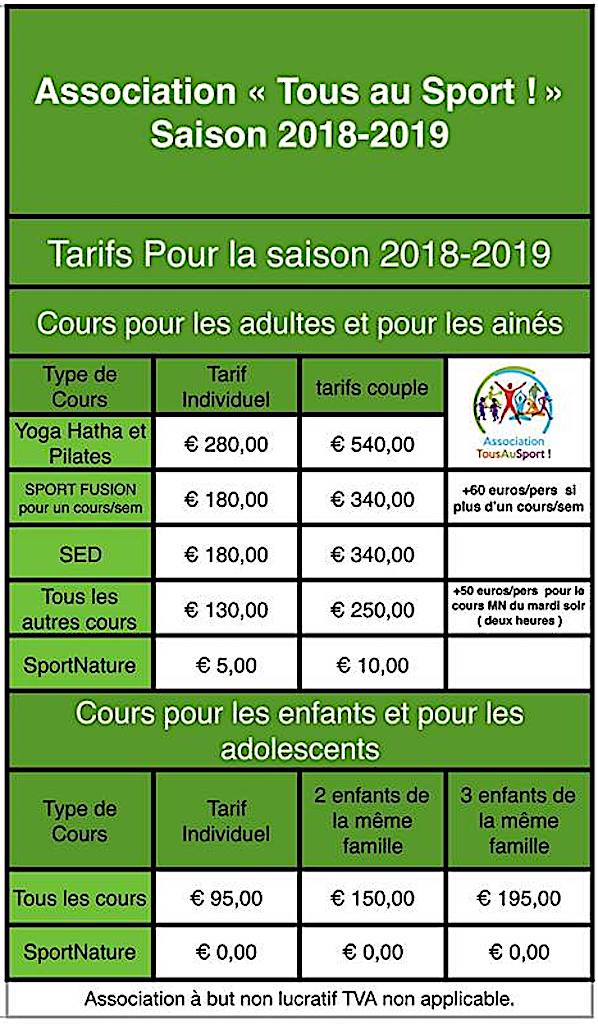 Tarifs 2018-2019 Tous au Sport