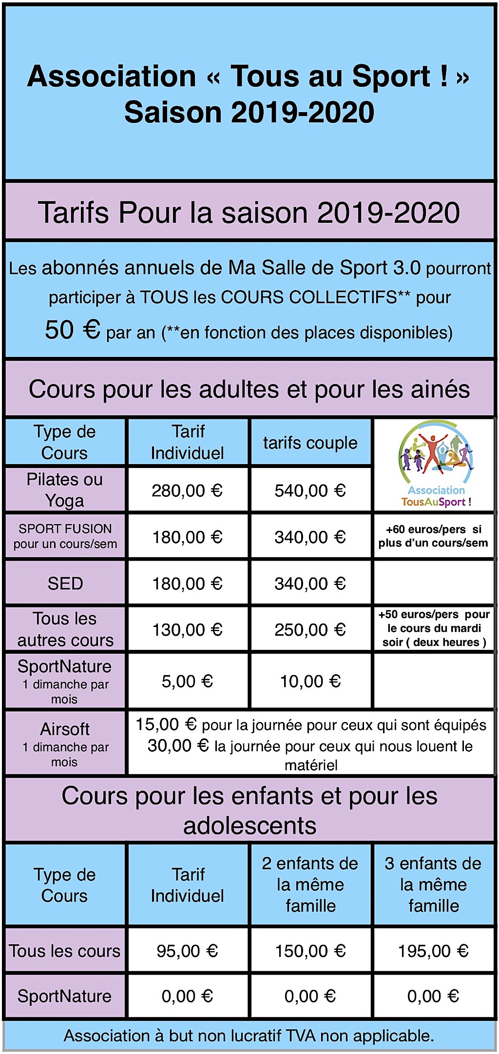 Tarifs cours collectifs 2019-2020