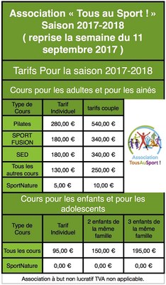 Tous au Sport-Fiche cours collectifs 2017-2018 prix Tous au Sport-Fiche cours collectifs 2017-2018 prix