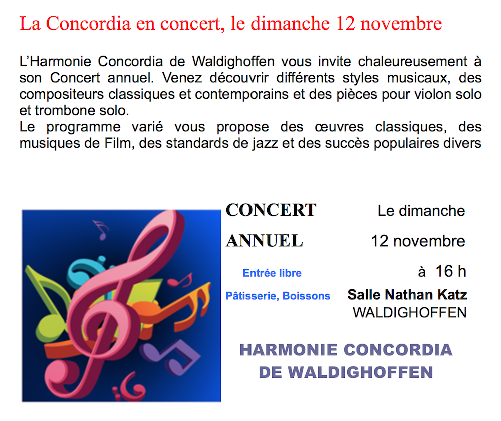 Concert annuel de l'Harmonie Concordia, dimanche 12 novembre 2017 à Waldighoffen 