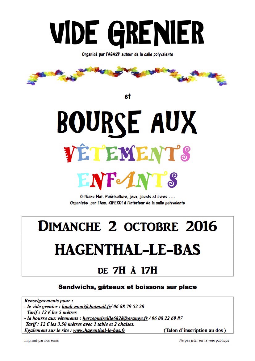 Flyer Vide Grenier Hagenthal le bas 2 octobre 2016