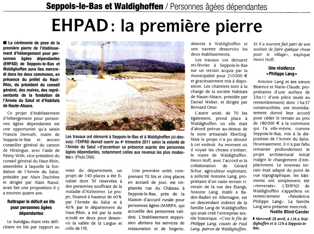 Article DNA du 28 avril 2010 - future maison médicalisée EHPAD