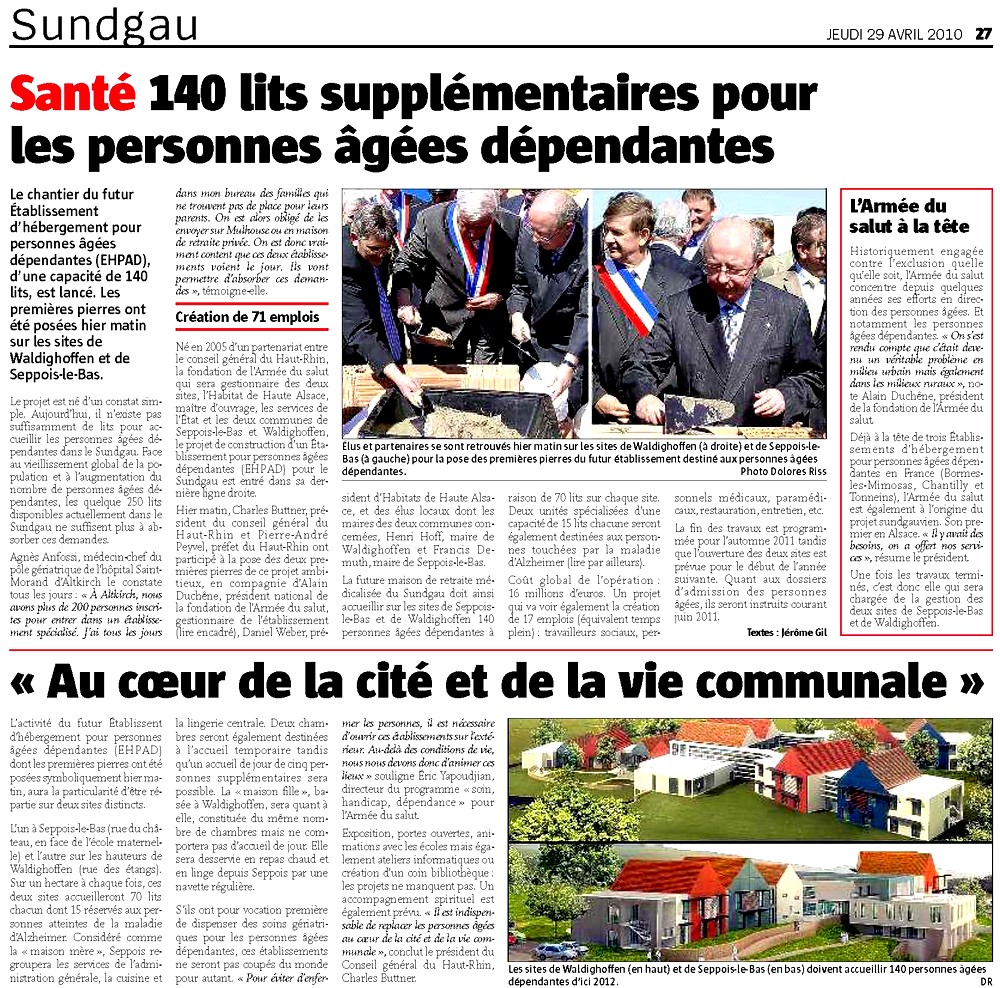 1ère pierre - article L'ALSACE page 27 du 29 avril 2010
