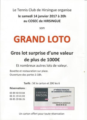 Affiche du tenis club de Hirsingue pour le grand Loto