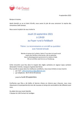 Le Jeudi 23 septembre 2021 - Café contact du Sundgau à Feldbach