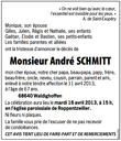 L'avis de décès de SCHMITT André paru dans le Journal L'Alsace du 115 avril 2013. Avis de décès SCHMITT André