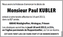 Parution dans le journal L'Alsace du 16 avril 2013 pour annoncer le décès de Paul Kubler. Avis de décès Paul Kubler
