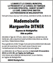 Avis dans le journal suite au décès de Marguerite Ditner, doyenne de Waldighoffen. Avis décès Marguerite Ditner