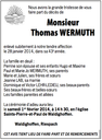 L'avis de décès dans les DNA pour l'annonce du décès de M. Wermuth Thomas. Avis décès Wermuth Thomas