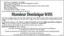 L'avis de décès de WISS Dominique paru dans le Journal L'Alsace du 18 mars 2013. Avis de décès WISS Dominique