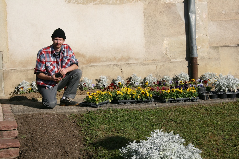 Fabrice et les plantes à côté de l'église