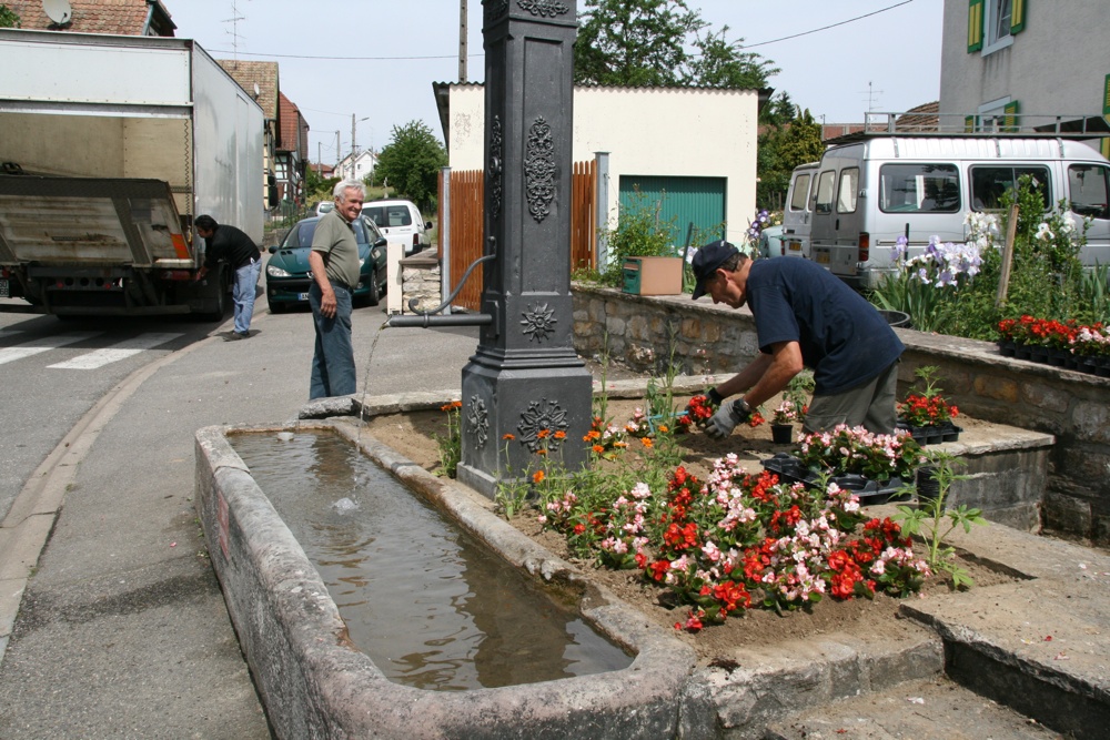 Fleurissement fontaine presbytère vue vers rue de Willer mai 2011