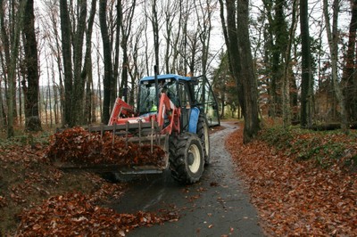 La mâchoire du tracteur pleine de feuilles mortes sur un chemin forestier de Waldighoffen